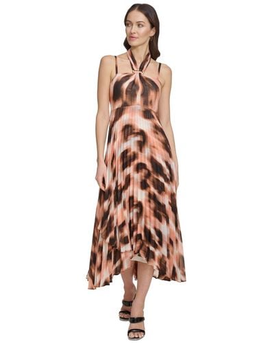 DKNY Printed Pleated Asymmetric-hem Chiffon Halter Dress - Brown