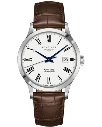 Longines Swiss Automatic Record Chronometer Brown Leather Strap Watch 40mm - Gray