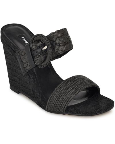 Nine West Novalie Slip-on Square Toe Wedge Sandals - Black