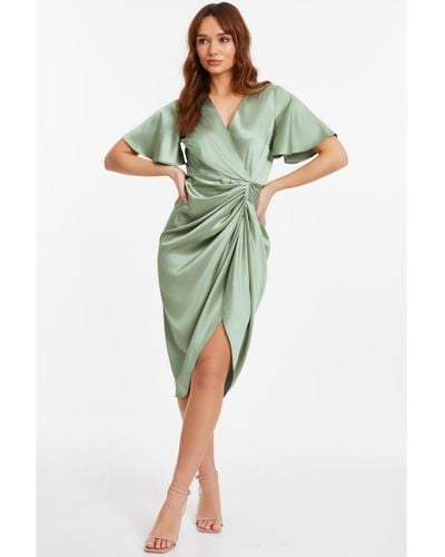 Quiz Satin Ruched Wrap Midi Dress - Green