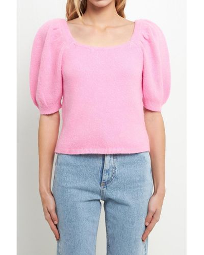 English Factory Short Puff Sleeve Sweater - Pink