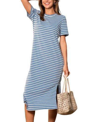 CUPSHE Blue & White Stripe Short Sleeve Maxi Knit Beach Dress