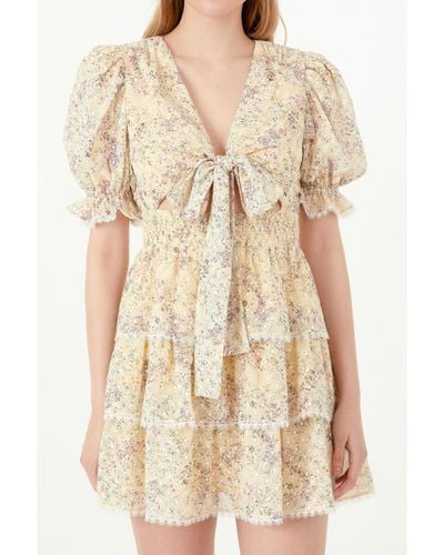 Free the Roses Embroidered Chiffon Tiered Front Bow Tie Mini Dress - Natural