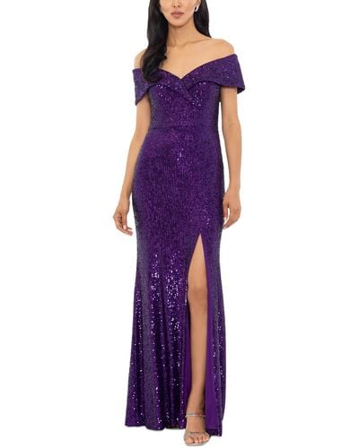 Xscape Off-the-shoulder Side-slit Sequin Gown - Purple