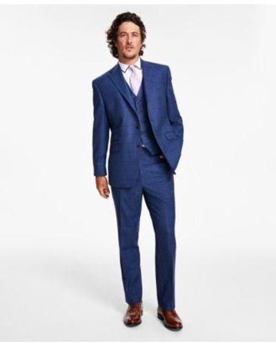 Tayion Collection Classic Fit Navy Windowpane Wool Blend Suit - Blue