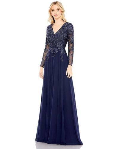 Mac Duggal Embroidered Illusion Long Sleeve V Neck Gown - Blue