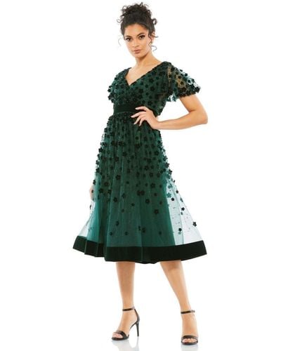 Mac Duggal Embellished Butterfly Sleeve Velvet Hem Midi Dress - Green