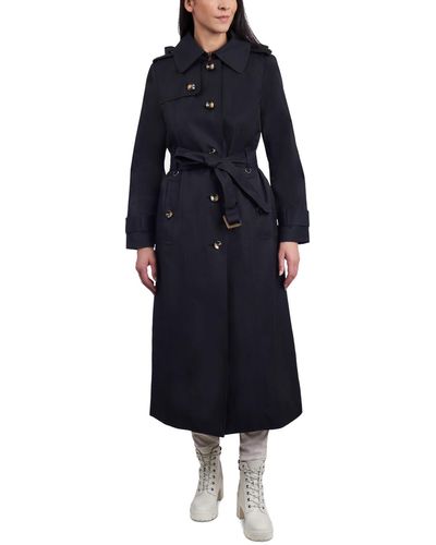 London Fog Single-breasted Hooded Maxi Trench Coat - Blue