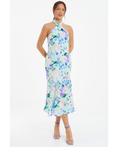 Quiz Floral Crepe Halter Neck Midi Dress - Blue