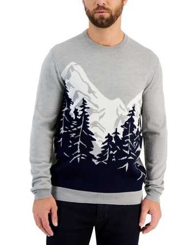 Club Room Merino Knit Mountain Long Sleeve Crewneck Sweater - Gray