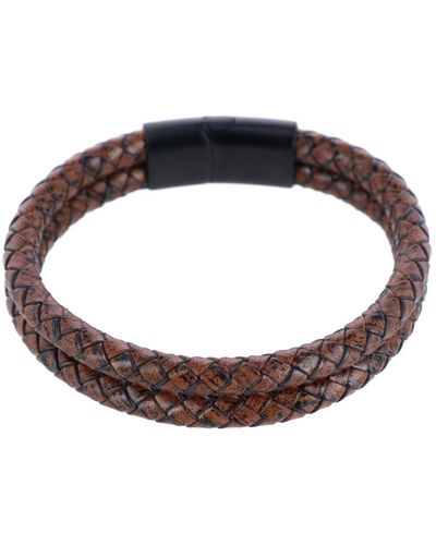 Trafalgar Simple Double Band Braided Secure Clasp Leather Bracelet - Brown