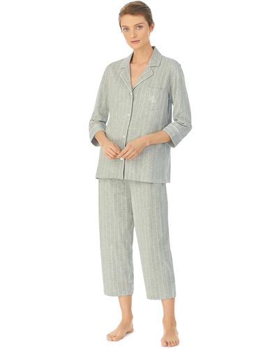 Lauren by Ralph Lauren 3/4 Sleeve Cotton Notch Collar Capri Pant Pajama Set - Green