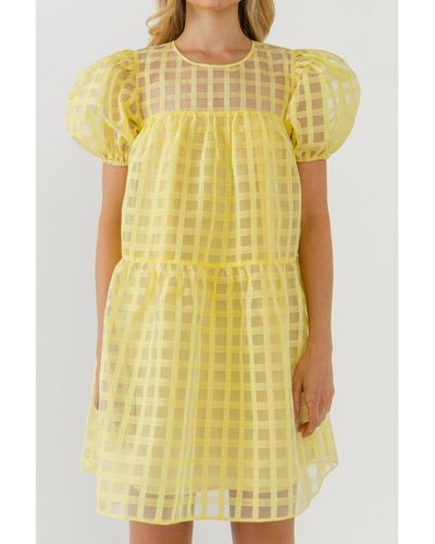 English Factory Gridded Puff Sleeve Dress - Yellow