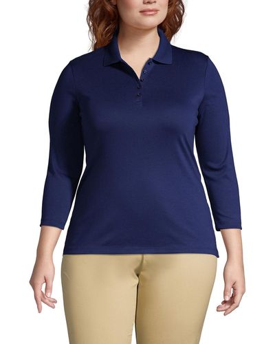 Lands' End Plus Size Supima Cotton 3/4 Sleeve Polo Shirt - Blue
