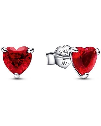 PANDORA Sterling Silver Heart Stud Earrings - Red