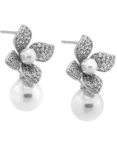 By Adina Eden Pave Four Leaf Dangling Flower Imitation Pearl Stud Earring - White