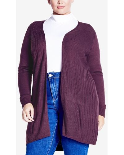Avenue Plus Size Meadow Mews Cable Knit Cardigan Sweater - Purple