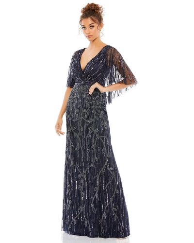 Mac Duggal Embellished Cap Sleeve Faux Wrap Trumpet Gown - Blue