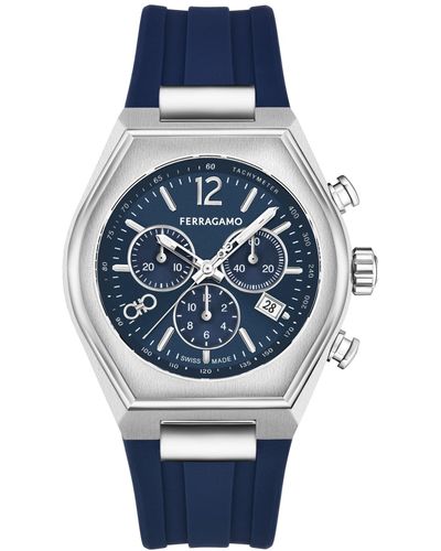 Ferragamo Salvatore Swiss Chronograph Tonneau Blue Silicone Strap Watch 42mm
