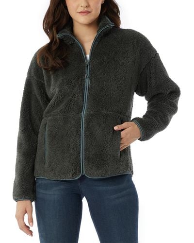 32 Degrees Fleece Front-zipper Drop-shoulder Sweatshirt - Black