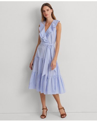 Lauren by Ralph Lauren Striped Cotton Broadcloth Surplice Dress - Blue