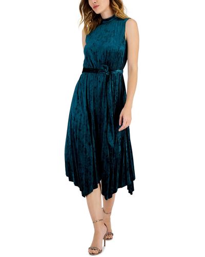 Tahari Pleated Velvet Mock Neck Midi Dress - Blue