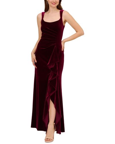 Adrianna Papell Velvet Ruched Ruffled Gown - Red