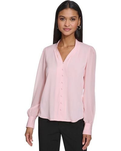 Calvin Klein Pleated-cuff V-neck Blouse - Pink