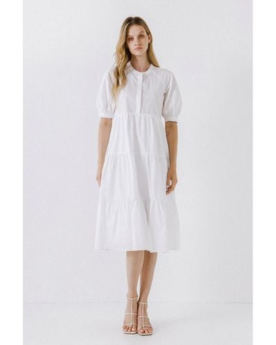 English Factory Short Puff Sleeve Midi Dress - White