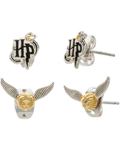 Harry Potter Gold And Silver Plated Stud Earrings Sets Hp And Golden Snitch- 2 Pairs - Metallic