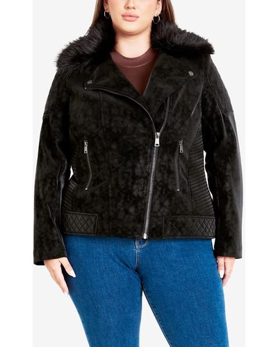 Avenue Plus Size Natalia Faux Fur Collared Jacket - Black