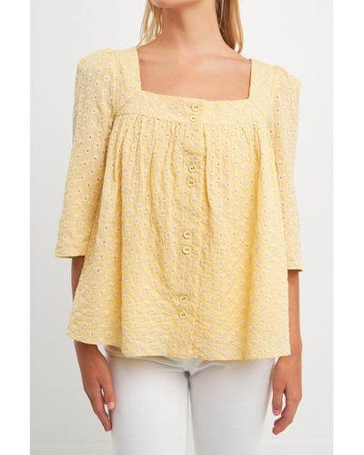 Free the Roses Embroidered Cotton Square Neck Top - Yellow