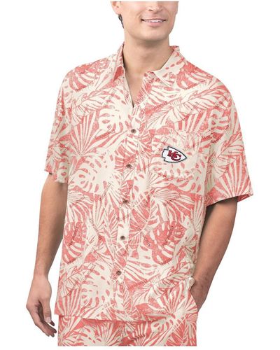 Margaritaville Kansas City Chiefs Sand Washed Monstera Print Party Button-up Shirt - Pink