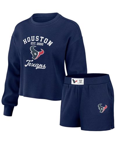 WEAR by Erin Andrews Distressed Houston Texans Waffle Knit Long Sleeve T-shirt And Shorts Lounge Set - Blue