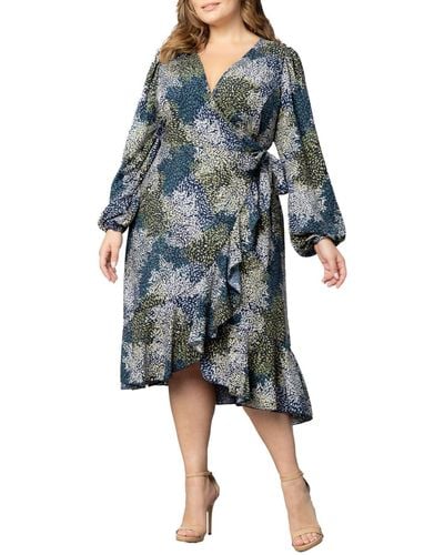 Kiyonna Plus Size Julia Long Sleeve Wrap Dress - Blue