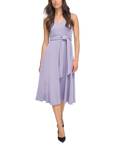 Calvin Klein V-neck Sleeveless Belted Dress - Purple
