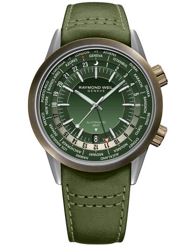 Raymond Weil Swiss Automatic Freelancer Gmt Leather Strap Watch 41mm - Green