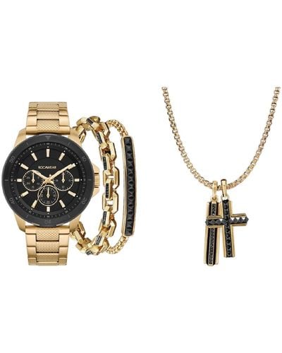 Rocawear Shiny Gold-tone Texture Metal Bracelet Watch 48mm Set - Metallic
