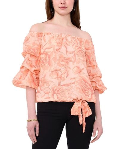 Vince Camuto Off The Shoulder Bubble Sleeve Tie Front Top - Pink