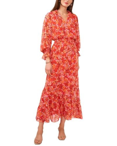 Vince Camuto Floral Smocked Waist Tie Neck Tiered Maxi Dress