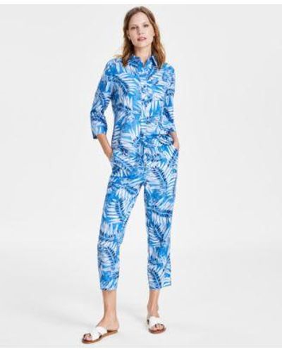 Jones New York 3 4 Sleeve Printed Shirt Cropped Pants - Blue