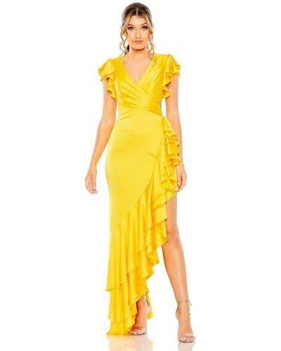 Mac Duggal Ieena Flutter Sleeve Cut Out Asymmetrical Ruffled Gown - Yellow