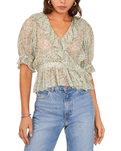 1.STATE V-neck Short Sleeve Faux Wrap Ruffle Top - Blue