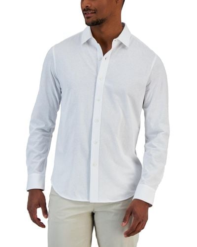 Alfani Classic-fit Heathered Jersey-knit Button-down Shirt - White