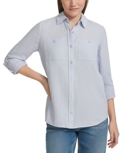 Calvin Klein Petite Cotton Button-front Roll-sleeve Shirt - Gray