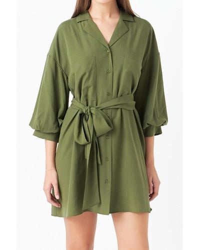 Endless Rose Blouson Sleeve Belted Shirt Dress - Green