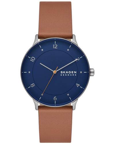 Skagen Three-hand Quartz Riis Medium Leather Watch 40mm - Blue