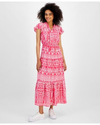 Tinsel Petite Mixed-print Flutter-sleeve Tiered Maxi Dress - Pink