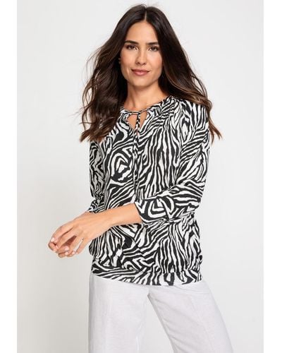 Olsen Cotton Blend 3/4 Sleeve Zebra Print Tie-neck T-shirt Containing [tm] Modal - White