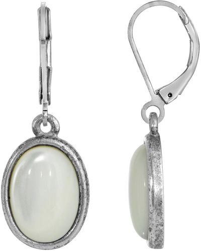 2028 Silver-tone Semi Precious Mother Of Pearl Oval Drop Earrings - White